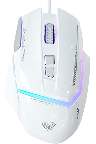 Generic ماوس ألعاب بأسلاك أبيض AULA S12Pro، ماوس ألعاب بصري بدقة 12800 نقطة ف...