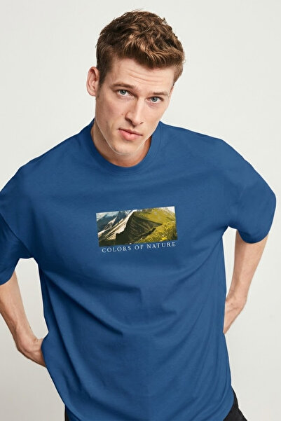 COMBİNE MİCHAİL Ανδρικό μπλουζάκι με στάμπα Landscape Oversize σε μπλε χρώμα