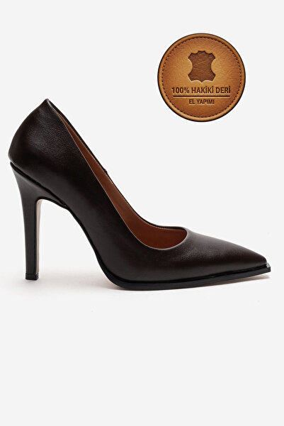 Ayakkabı Ateşi Hakiki Deri Kahverengi Deri Sivri Burunlu Küt Tabanlı Stiletto...
