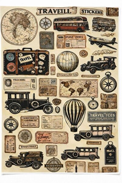 naturevo Vintage Travel Sticker Seti A4 — Bavul Laptop Defter Ajanda Scrapboo...