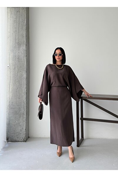 MODAMERSİ Women's Brown Bat Sleeve Back Tie Dress