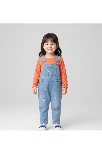 Baby Renkli Çiçek Nakışlı Kot Görünümlü Örme Kumaş Mevsimlik 2li Salopet Set