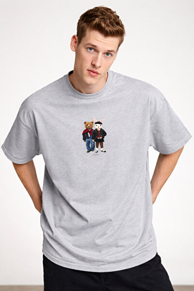 COMBİNE MİCHAİL Men's Bear & Rabbit Printed Loose Fit M.Gray T-Shirt