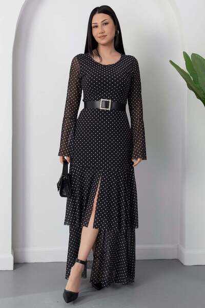 PULLIMM Φόρεμα από τούλι με λαιμόκοψη ποδηλάτου, μανίκια με βολάν και πουά 20...