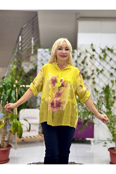 Punta Otantik Yg14070 Italian Three Buttons Cotton Linen Blouse Yellow