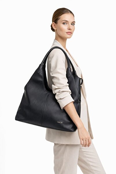 başkent çanta Women's Black Hobo Shoulder Bag – Top Handle – Casual Chic Desi...