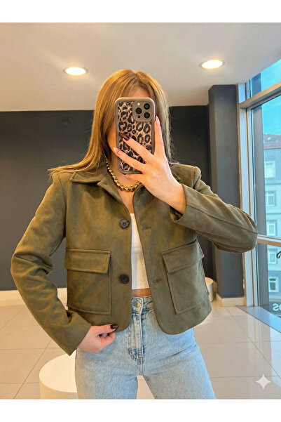 Ecenin Favorileri Khaki Colored Suede Short Women's Jacket with Flap Pockets