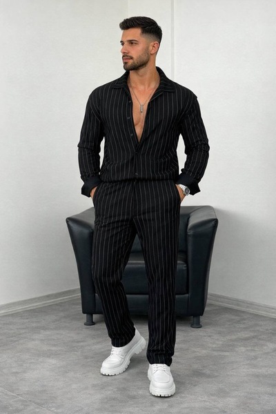 BİRBEYSTORE Men's Striped Crepe Suit with Elastic Waist Shirt and Pants
