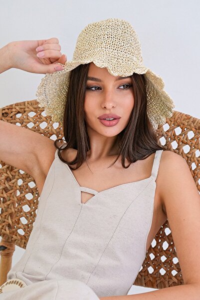 Trend Alaçatı Stili Women's cream straw knitted bucket summer hat alc-x15390