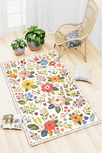 Mortapi Eskitme Floral Desen Baskılı Yıkanabilir Kaymaz Halı Salon Oturma Oda...