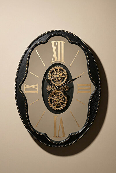 Perotti Waller v2 Çarklı Duvar Saati Ledli 68x50 Cm Oval Mekanizmalı Siyah Gold