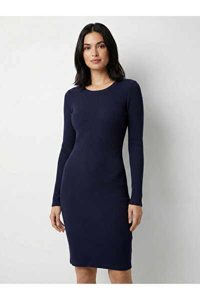 NEW JOURNAL Women's Navy Blue Bodycon Crew Neck Midi Dress Jf23
