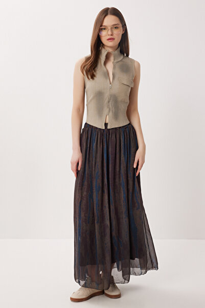 Lovelyİstanbul Desenli Kırışık Efektli Şifon Etek LZV0057 MAVİ HAKİ