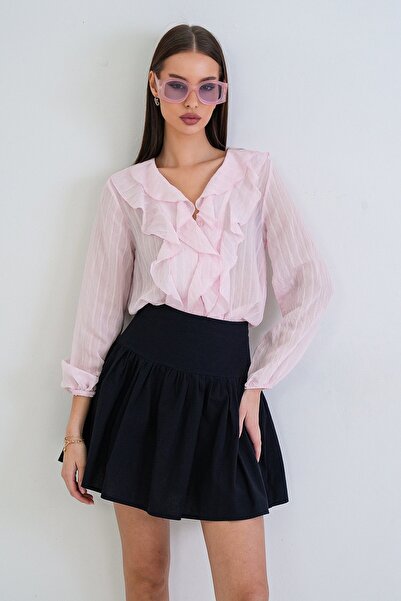 Trend Alaçatı Stili Women's pink v-neck ruffle detail woven blouse alc-x15371