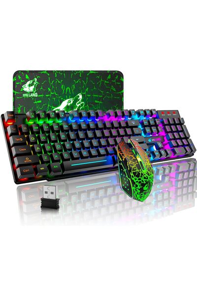 Generic طقم لوحة مفاتيح وماوس لاسلكي للألعاب مع بطارية قابلة للشحن بسعة 4000 ...