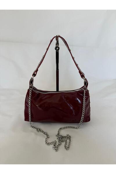 melecco Burgundy Patent Leather Chain Strap Women's Shoulder Bag – Studded Y2K Baguette Model