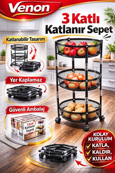 VENON Чорний складаний металевий кошик на колесах 🧅 для картоплі та цибулі �...