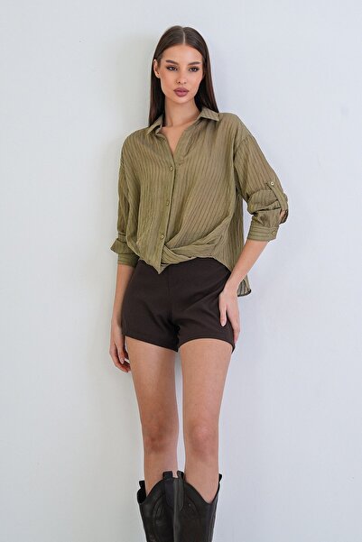 Trend Alaçatı Stili Women's khaki shirt collar armored twist detailed buttone...
