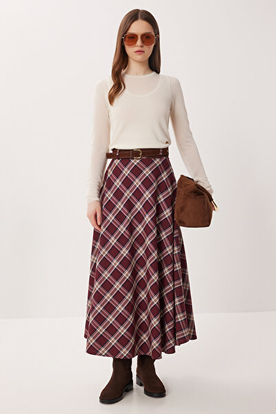 Lovelyİstanbul Kemerli Kareli Midi Dokuma Etek LDP0094 BORDO KREM