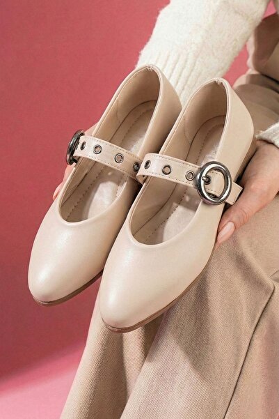 FUGA MODA Balerini Allegra din piele bej cu cataramă cu inel din nichel și ba...