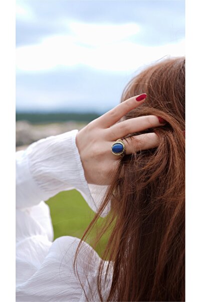 Ladies&Gentlemen Retro Evil Eye Embroidered Navy Blue Stone Ring |   Gold Pla...