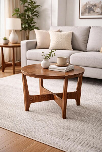 AZM DESİGN Koyu Meşe Yuvarlak Yan Sehpa – Modern Ahşap Orta Sehpa, Salon ve O...