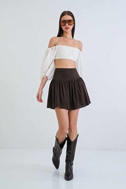 Trend Alaçatı Stili Дамска кафява мини пола от лен с скрит цип и корсет Alc-X...