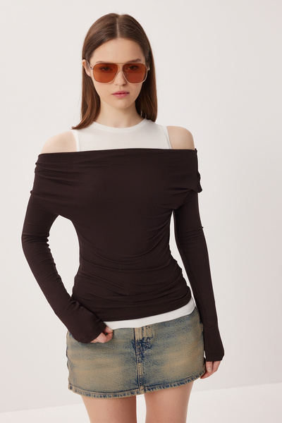 Lovelyİstanbul Open-Shoulder Athlete Viscose Blouse Llw0005 Brown Ecru