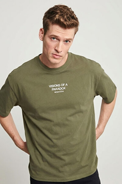 COMBİNE MİCHAİL Men's Paradox Printed Oversize Khaki T-Shirt