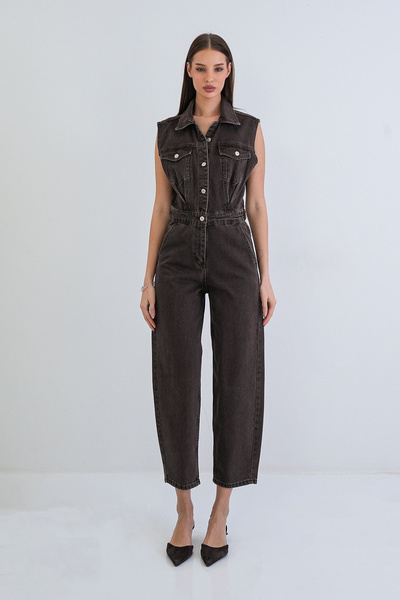 Trend Alaçatı Stili Women's brown jean jumpsuit with pocket detail alc-x15385