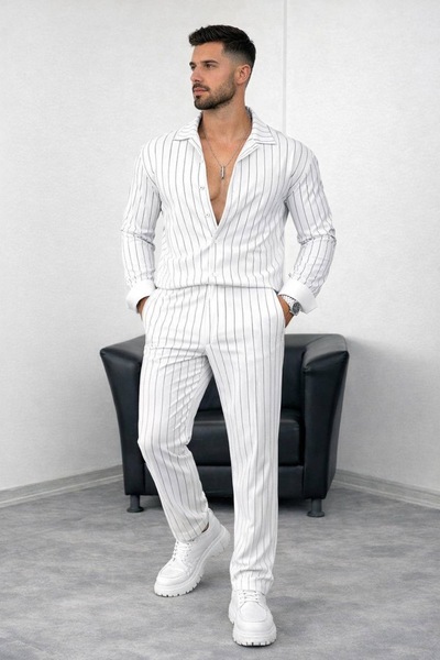 BİRBEYSTORE Men's Striped Crepe Suit with Elastic Waist Shirt and Pants
