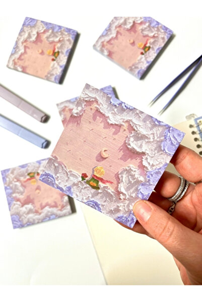 Kağıt Gemi Dükkan Küçük Prens Temalı Pembe ve Mor Bulut Desenli Postit/Post-i...