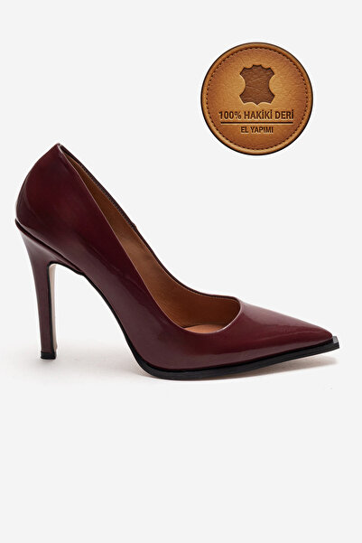Ayakkabı Ateşi Hakiki Deri Bordo Rugan Sivri Burunlu Küt Tabanlı Stiletto Yük...