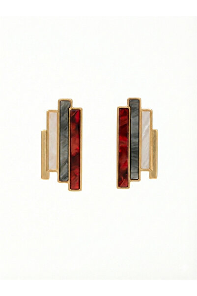 Pelin Aksesuar Geometric Bar Earrings with Burgundy and Gray Acrylic Detail