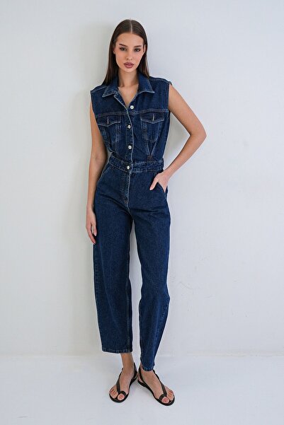 Trend Alaçatı Stili Salopetă de damă albastră cu detaliu la buzunar Jean Alc-...