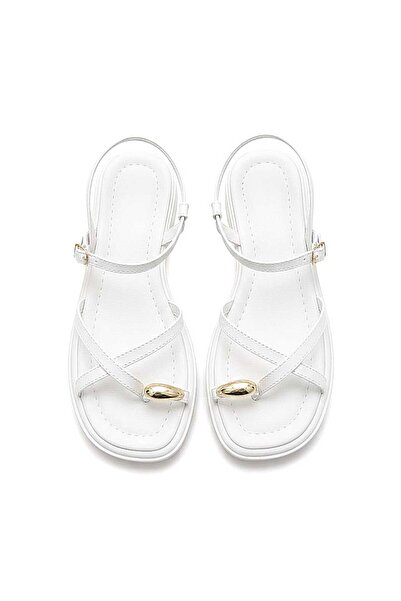 Moda Kadıköy Women's White Ring Toe Eva Soft Sole Stitched Buckle Sandals