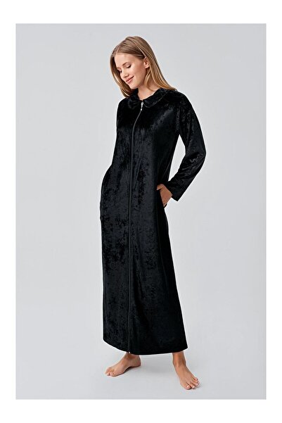 LC Waikiki Black Long Sleeve Zippered Pocketed Stretchy Viscose Velvet Dress