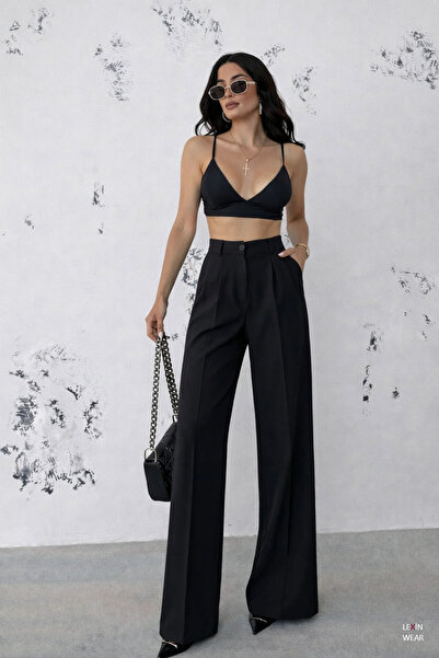 Modayıldızlar Mr Women's Black Palazzo Pleated High Waist Imported Fabric Dou...