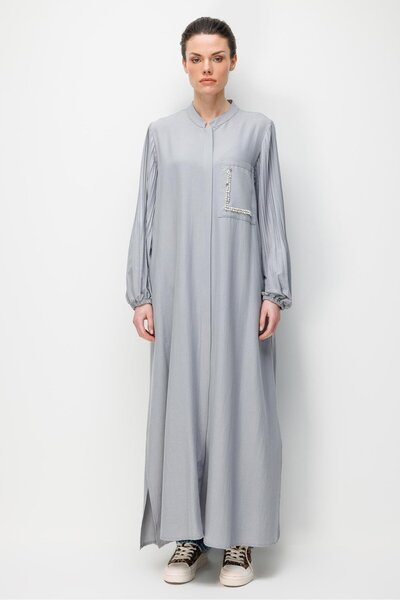 Micca Pilise Kol ve İnci Cep Detaylı İpekçe Kumaş Zamansız Ferace-Gri