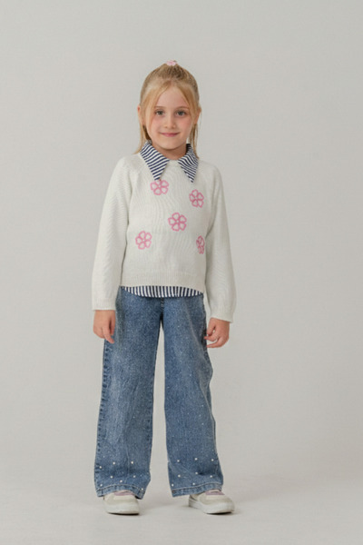 Eray Kids Pulover alb brodat cu flori pentru fete și pantaloni din denim, com...