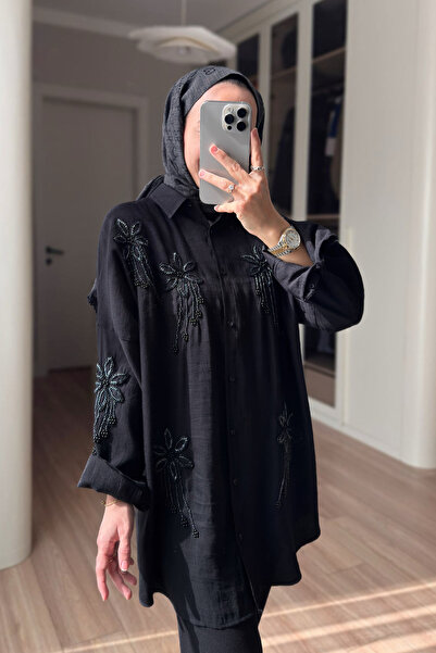 Ka Hijab Cămașă Stella cu broderie de mărgele - Negru