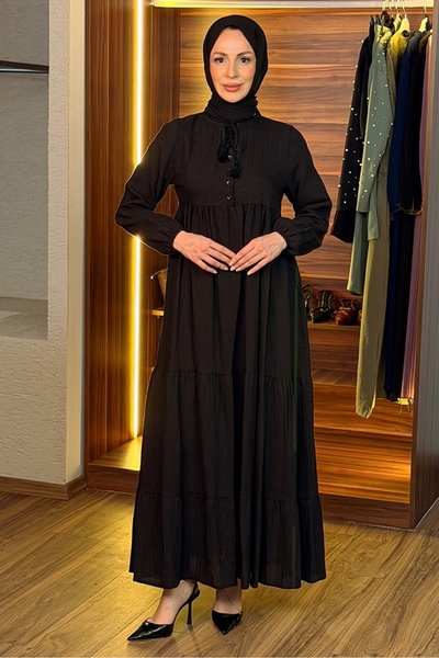 Bestenur Half Button Dress 1689 - Black