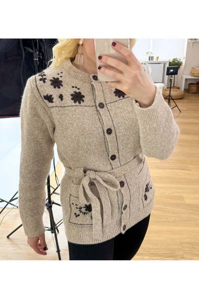 Modaonna Embroidery Detailed Belted Design Cardigan