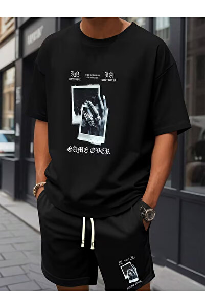 bellanova Men's Oversize Printed Shorts T-Shirt Set Streetwear Bottom-Top Com...