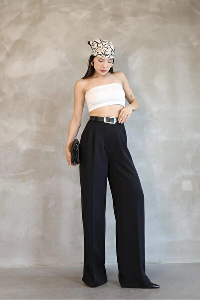 Modayıldızlar Mr Women's Black Palazzo Pleated Trousers Imported Doubleface F...