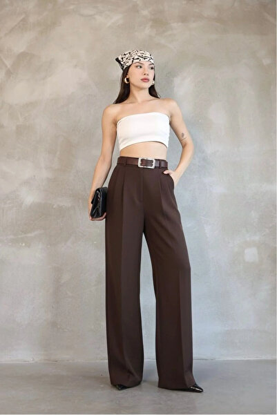 Modayıldızlar Mr Women's Brown Palazzo Pleated Trousers Imported Doubleface F...