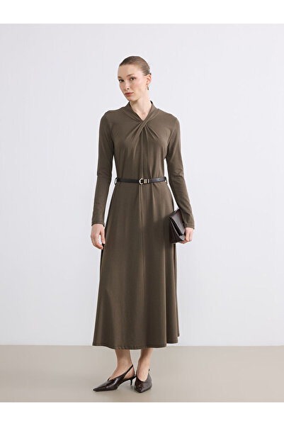 LC Waikiki Lcwaikiki Classic Khaki Ruched Mock Neck Modal Mixed Belt Piece Dress