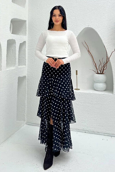 Madmext Black/White Belted Slit Polka Dot Patterned Flounce Skirt Mg2715