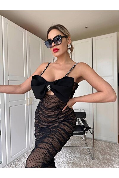 1Moda1Tarz Women's Black Lining with Polka Dots on Tulle Fabric, Stone Strap ...