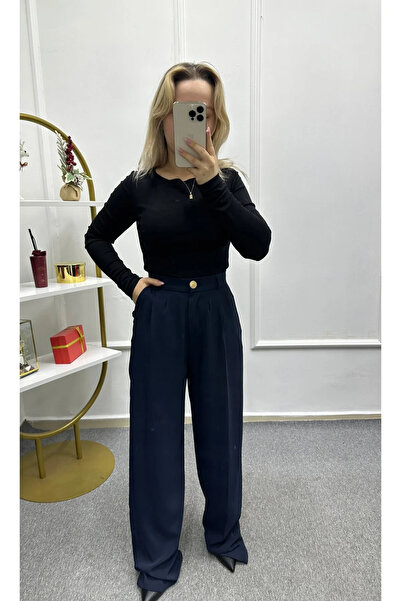 Modayıldızlar Mr Women's High Waist Loose Navy Blue Palazzo Trousers